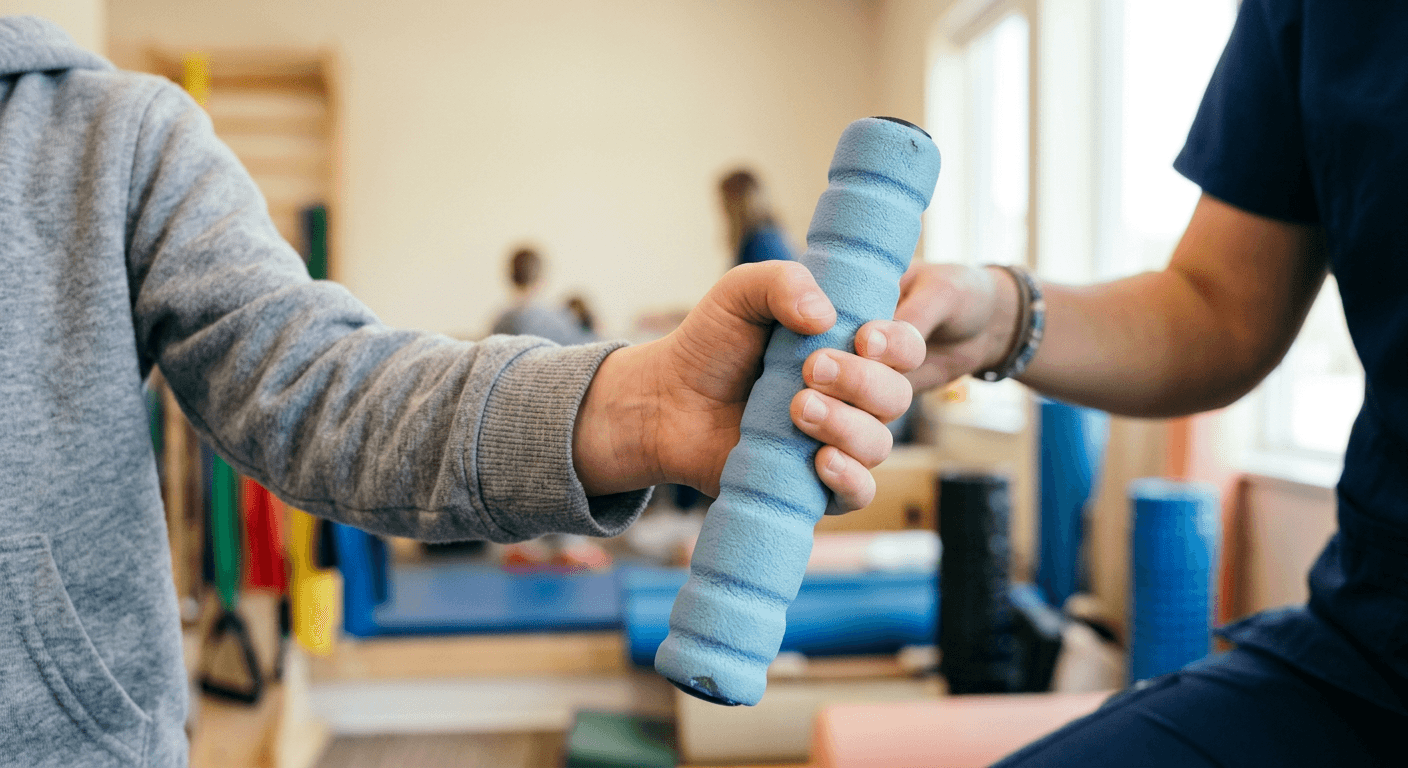 A close-up of a child's hand gripping a physical therapy for SMA exercise bar