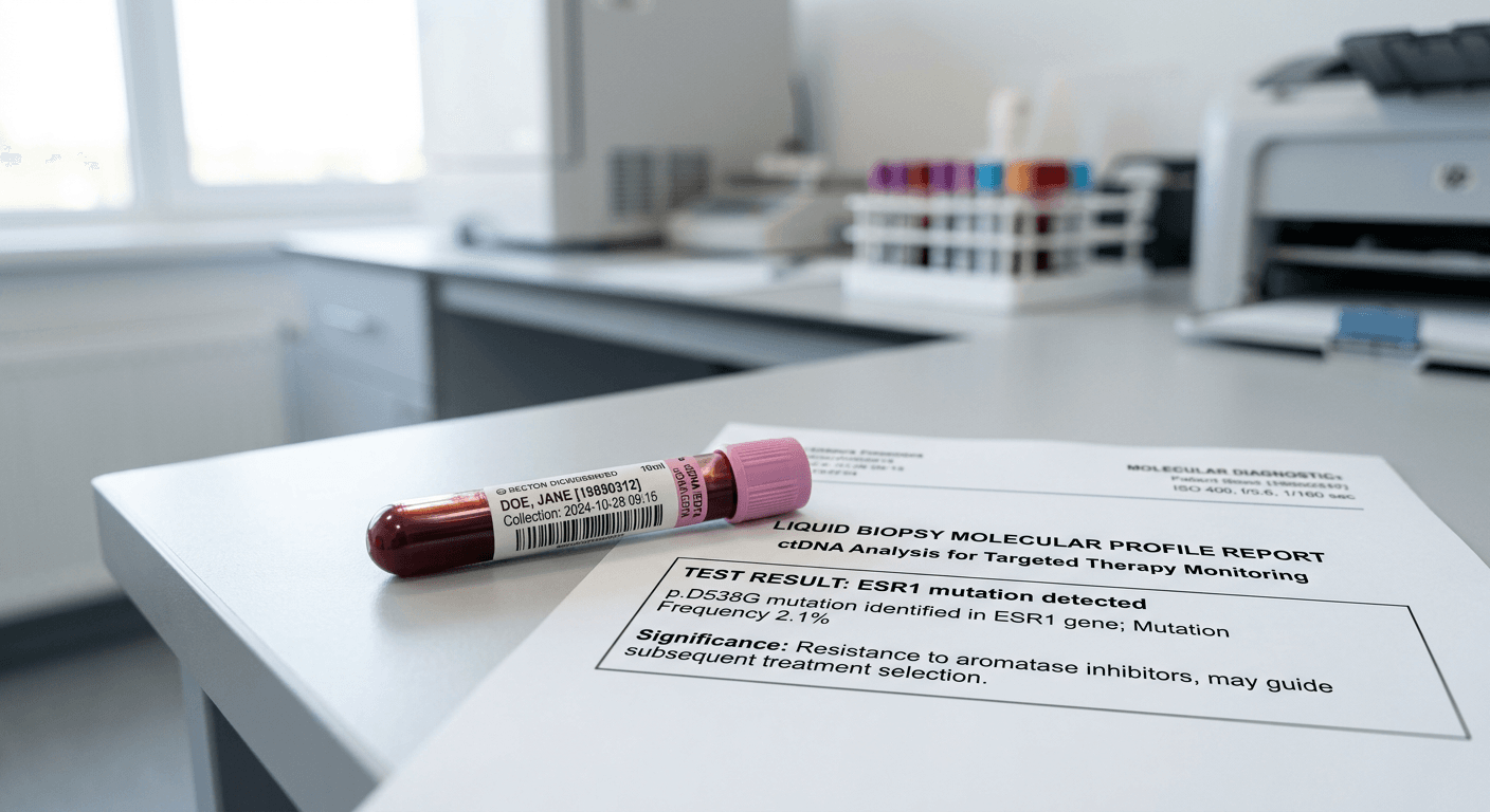 close-up of a single tube of blood beside a printed liquid biopsy report showing "ESR1 mutation detected"